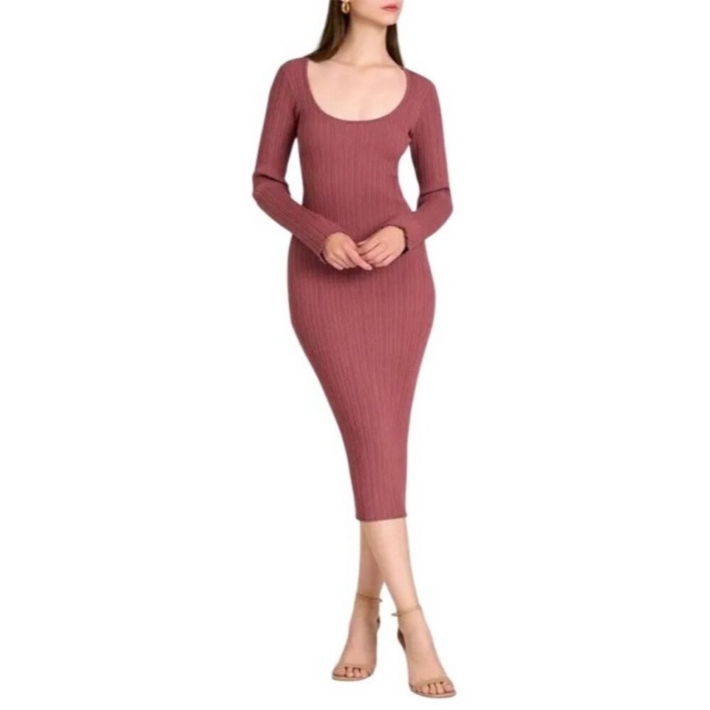WAYF Nordstrom Ribbed Scoop-Neck Long-Sleeve Midi Dress - Dusty Rose XL